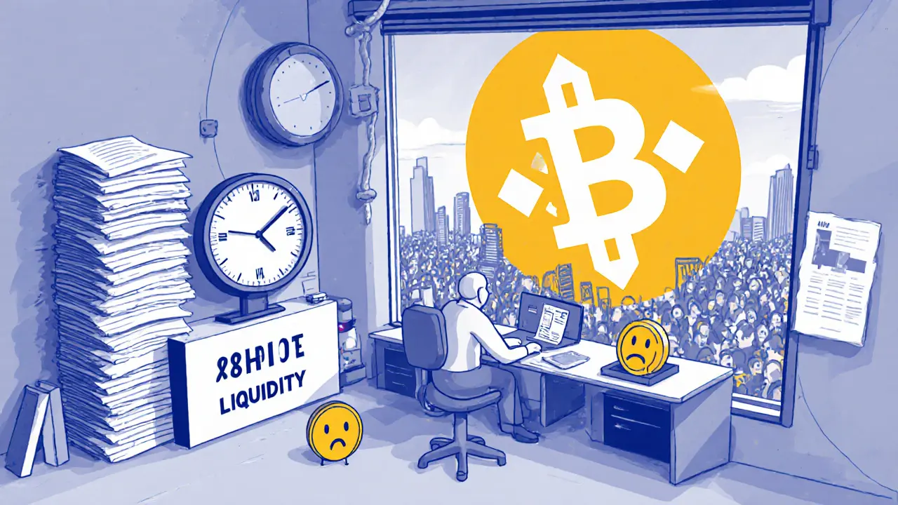 A lonely Ari10 token in a cluttered office, surrounded by unprocessed documents and slow support signs.