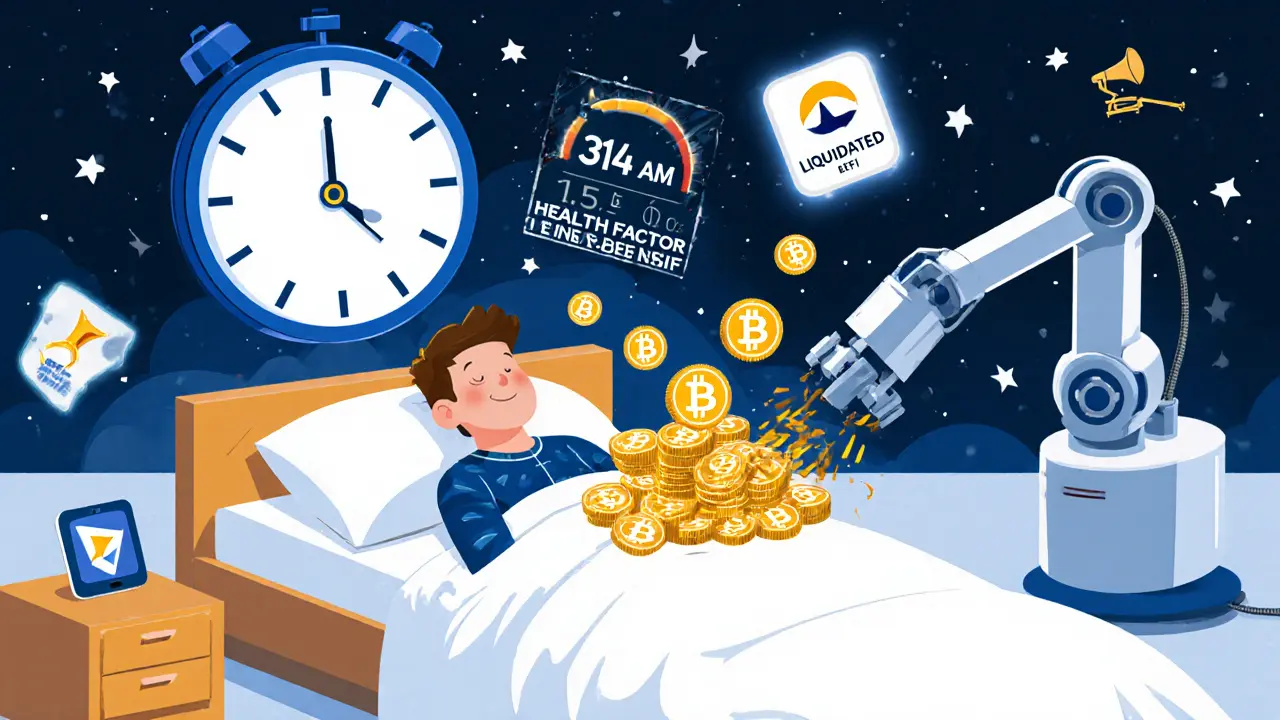 A person asleep in pajamas as a robot arm pulls away their Bitcoin, with a falling health factor meter above.