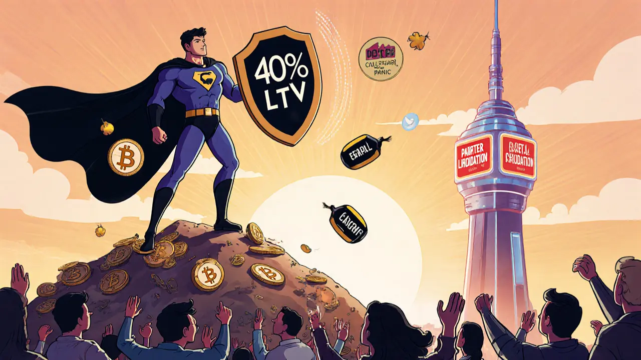 A superhero made of stablecoins defends diversified crypto collateral with a 40% LTV shield from market crashes.