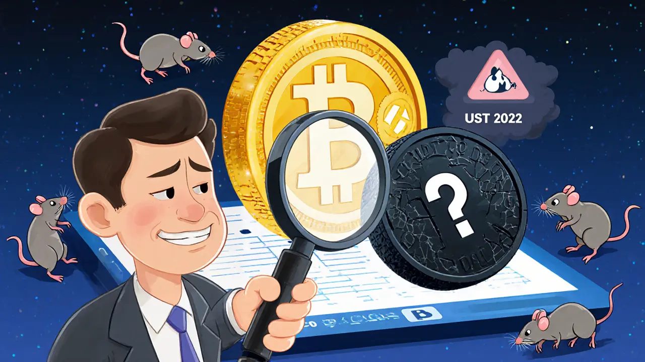 A trader examining two USDC tokens: one glowing with audit seal, the other cracked and dark, with panic coins fleeing.