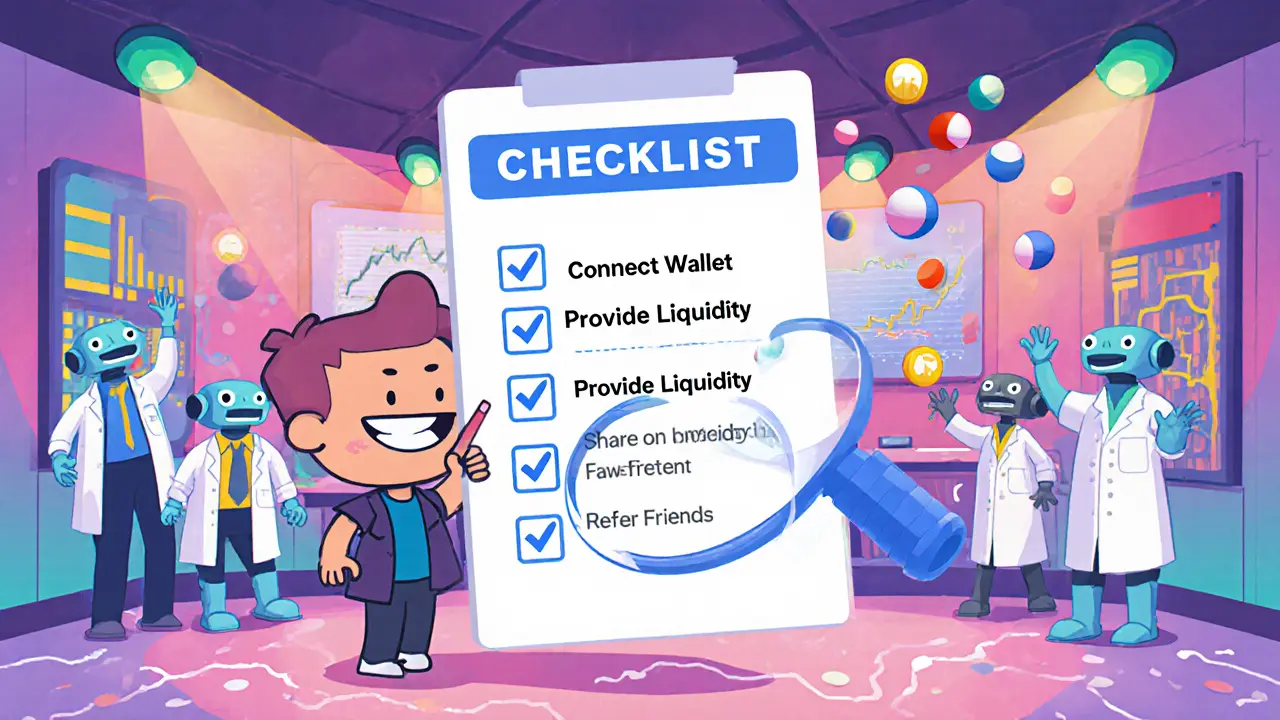 A user checking off DeFi actions as tiny solver robots juggle liquidity pools in a colorful control room.