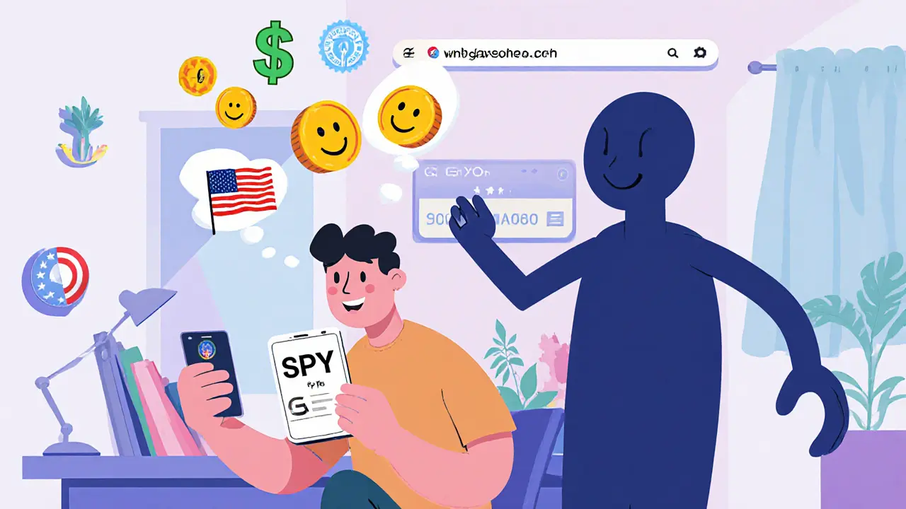 An investor smiling at their phone showing stocks and crypto together, while a shadowy scam figure tries to sneak in.