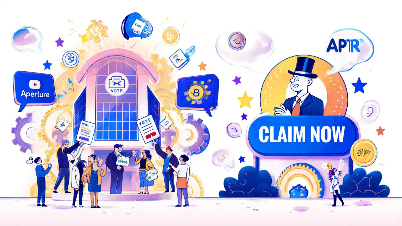 APTR token holders voting in a floating gear-shaped headquarters, with users creating content and reward stars glowing around them.