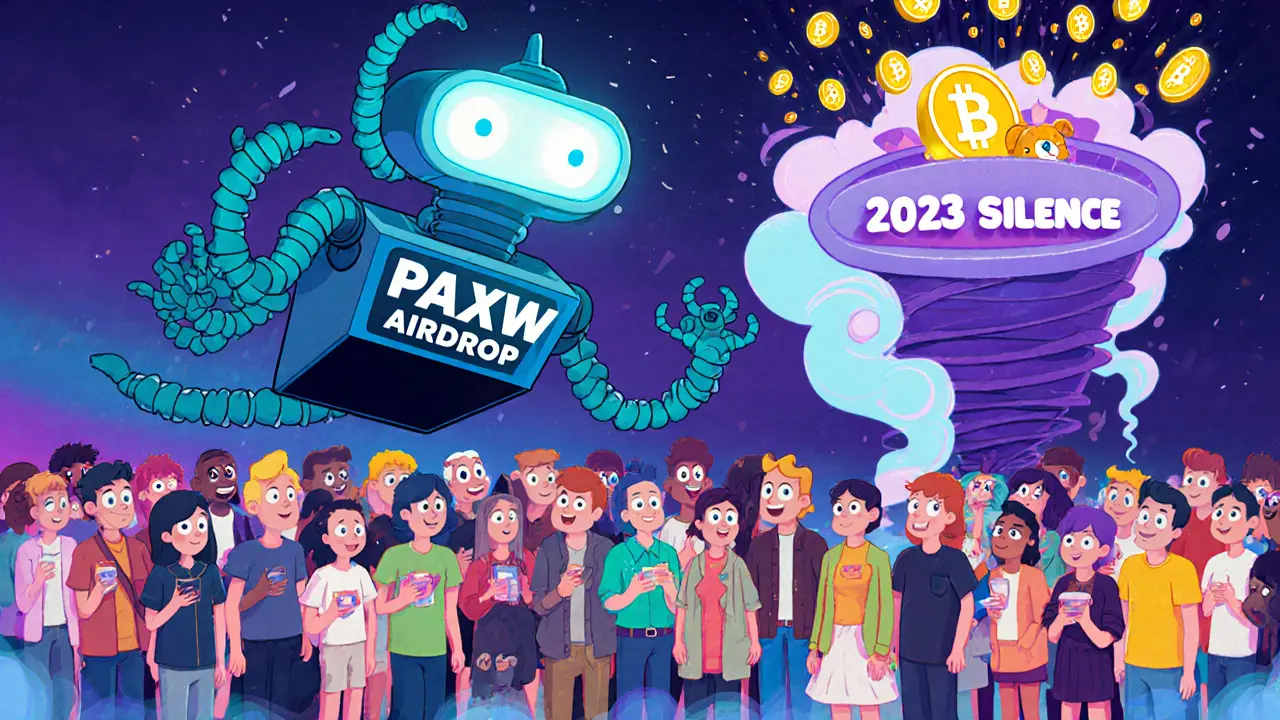 People lining up to give wallets to a faceless robot while their belongings vanish into a silence vortex.