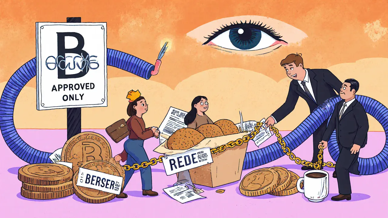 People trying to buy food with stablecoins, but items are chained up with official warning signs.