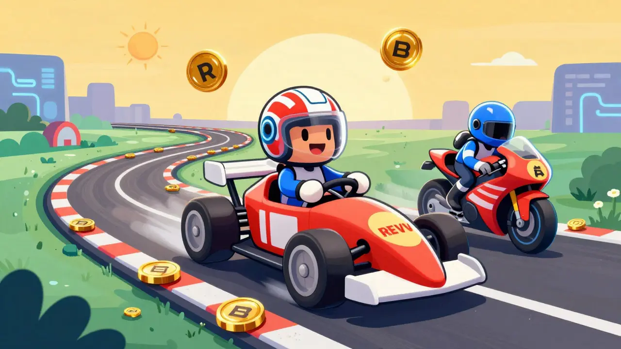 Player racing a digital F1 car in game, earning REVV tokens on a token-shaped track