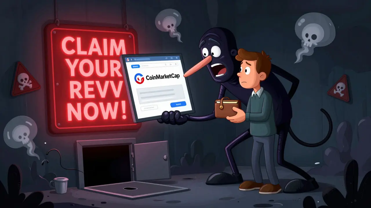 Scammer tricking a user with a fake REVV airdrop website in cartoon style