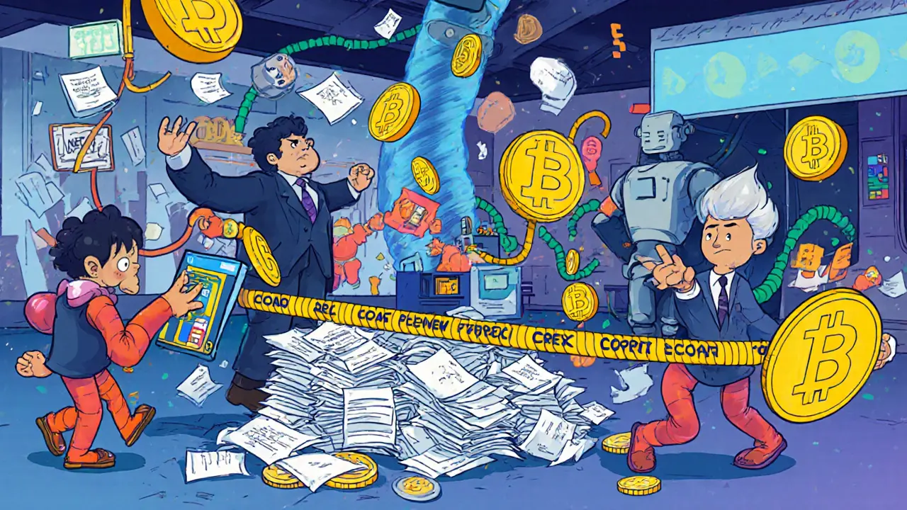 Traders in a crypto exchange blocked by a giant ,000 rubber band snapping them back with paperwork.