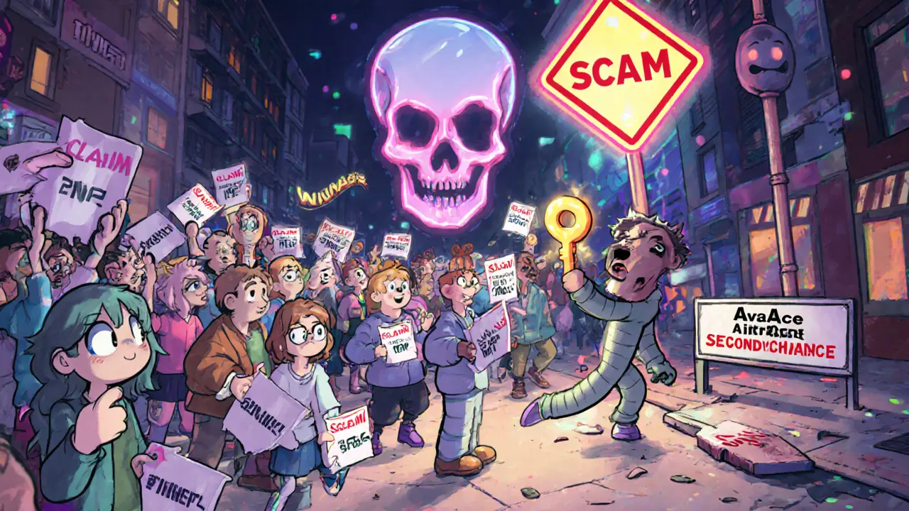 A calm winner walks past scammy crowds holding fake NFTs, while a giant &#039;SCAM&#039; sign looms in the background.