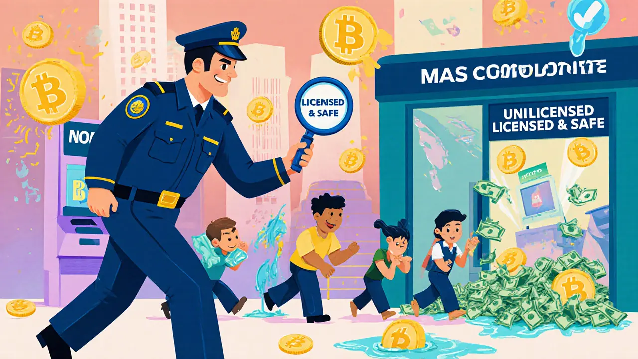 A cheerful MAS officer guides confused crypto startups to safety, while unlicensed exchanges melt away in a colorful Singapore street scene.