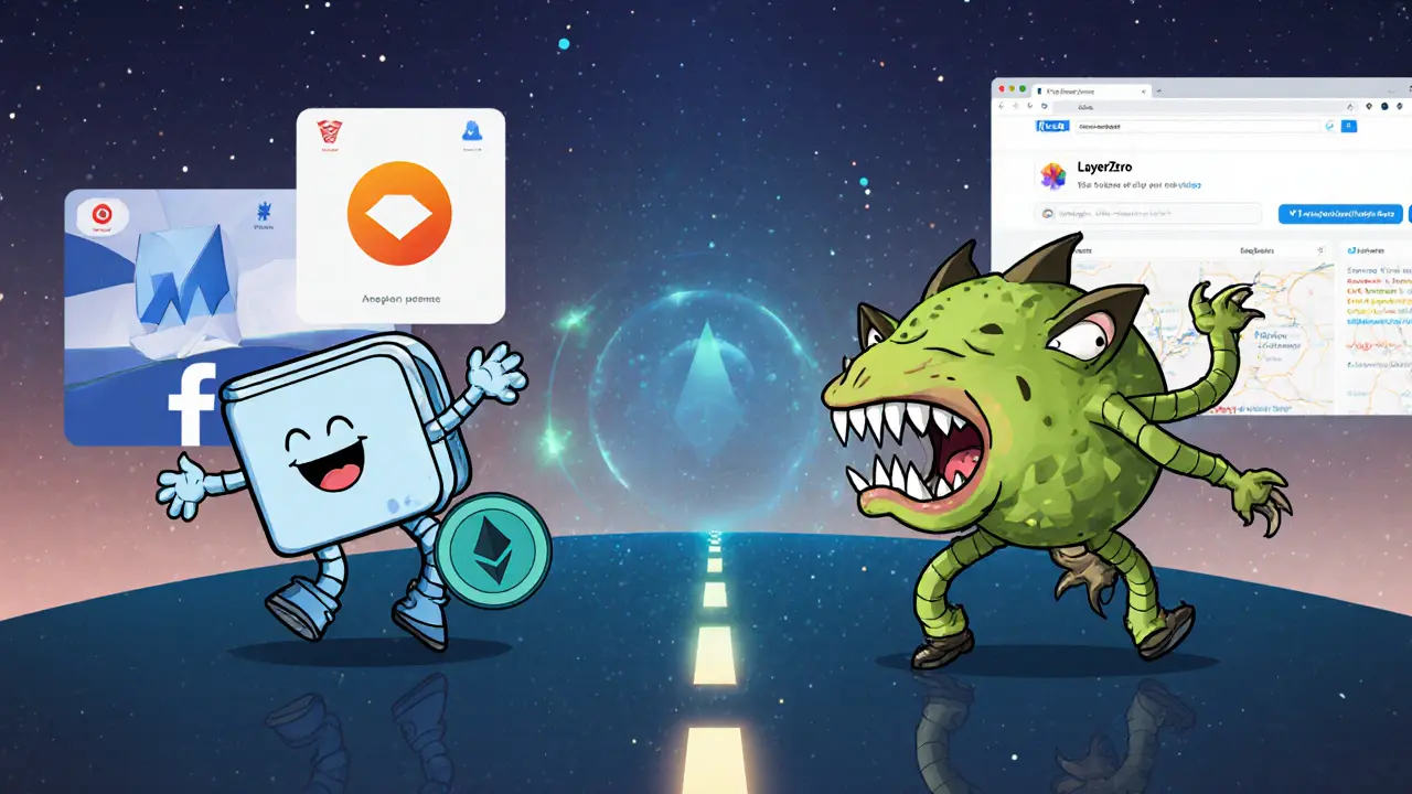 A cheerful wallet interacting safely with real crypto platforms like MetaMask and LayerZero on a blockchain highway.