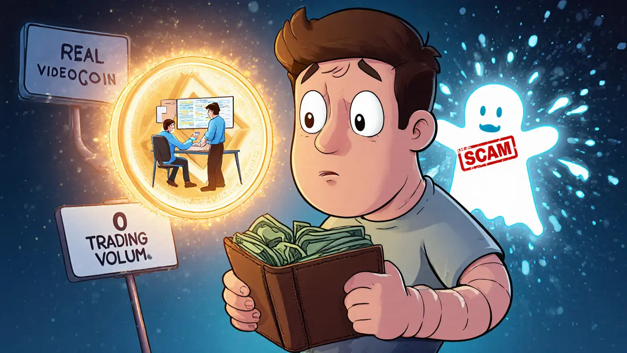 A confused investor stares at two tokens: one real with engineers coding, the other a glitching ghost labeled &#039;SCAM&#039; with a &#039;0 Trading Volume&#039; sign in the background.
