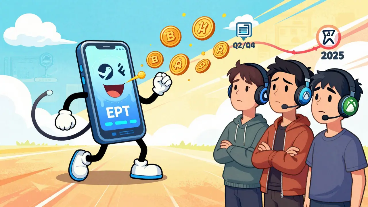 A dancing phone emits EPT tokens as a confused multi-headed gamer watches their multiple accounts merge into one.