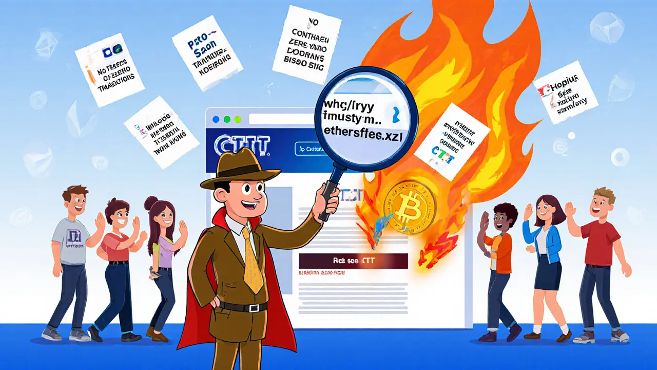 A detective cartoon examining a fake crypto website URL that changes from .io to .xyz with warning clues around it.