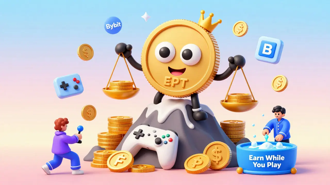 A friendly giant EPT coin sits on a mountain of NFTs and game gear, with tiny players earning tokens through playful activities.