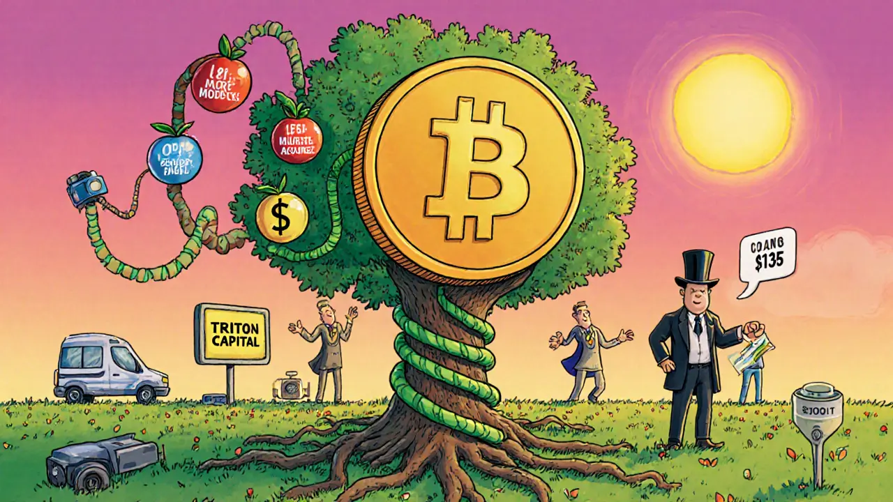 A giant NVG8 token tree grows from IoT devices, bearing AI model fruit, while institutional investors plant seeds in a calm, hopeful landscape.