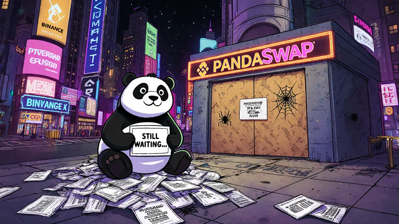 A lonely panda sits on a pile of airdrop flyers as the PandaSwap building is boarded up in a glowing crypto city.