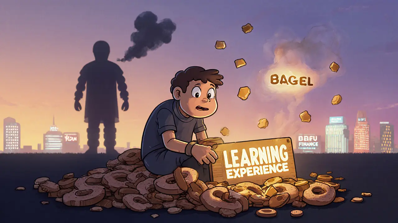 A person sitting on forgotten BAGEL tokens, learning a lesson as better projects glow in the distance.