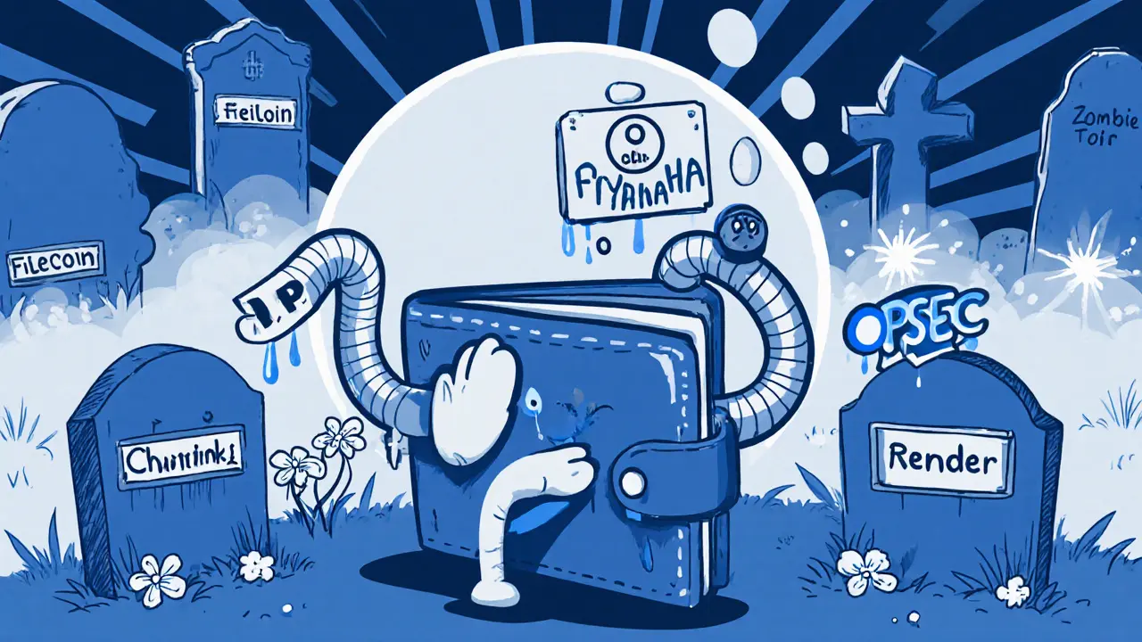 A sad wallet holding a zombie token surrounded by a graveyard of dead crypto projects.