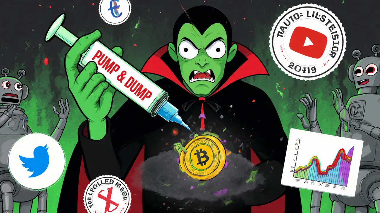 A shadowy Dracula figure injects money into a hollow token as fake social media icons cheer, surrounded by robotic &#039;Auto-Listed&#039; badges stamping fake volume graphs.