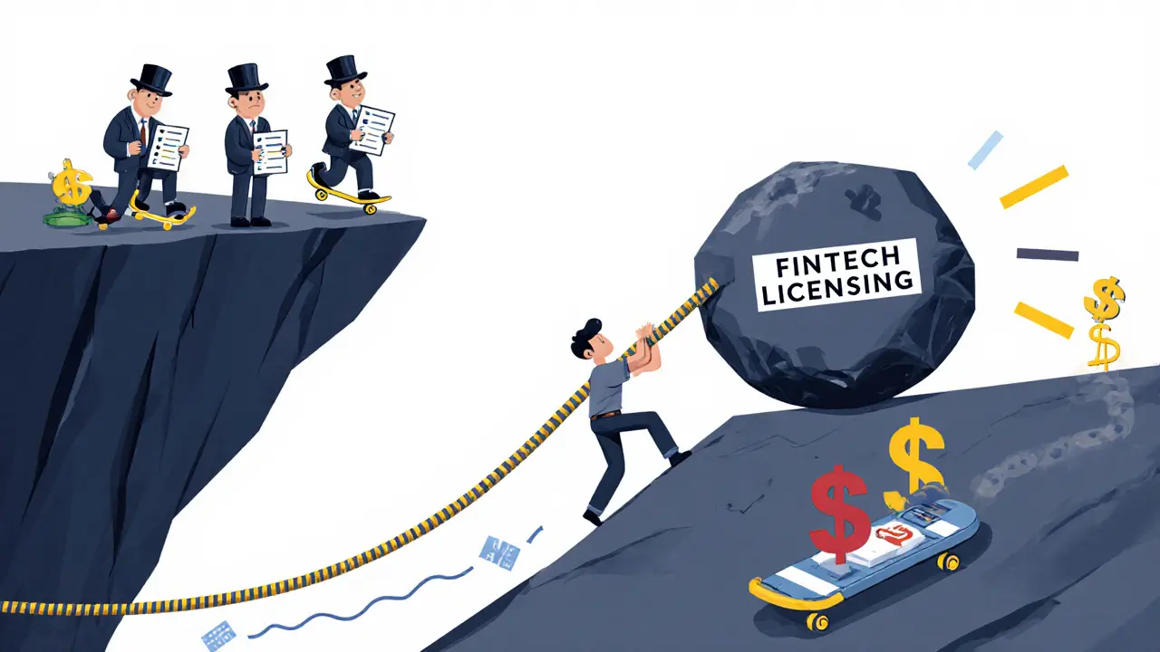 A small startup founder struggling to push a licensing boulder up a hill while big companies glide past.