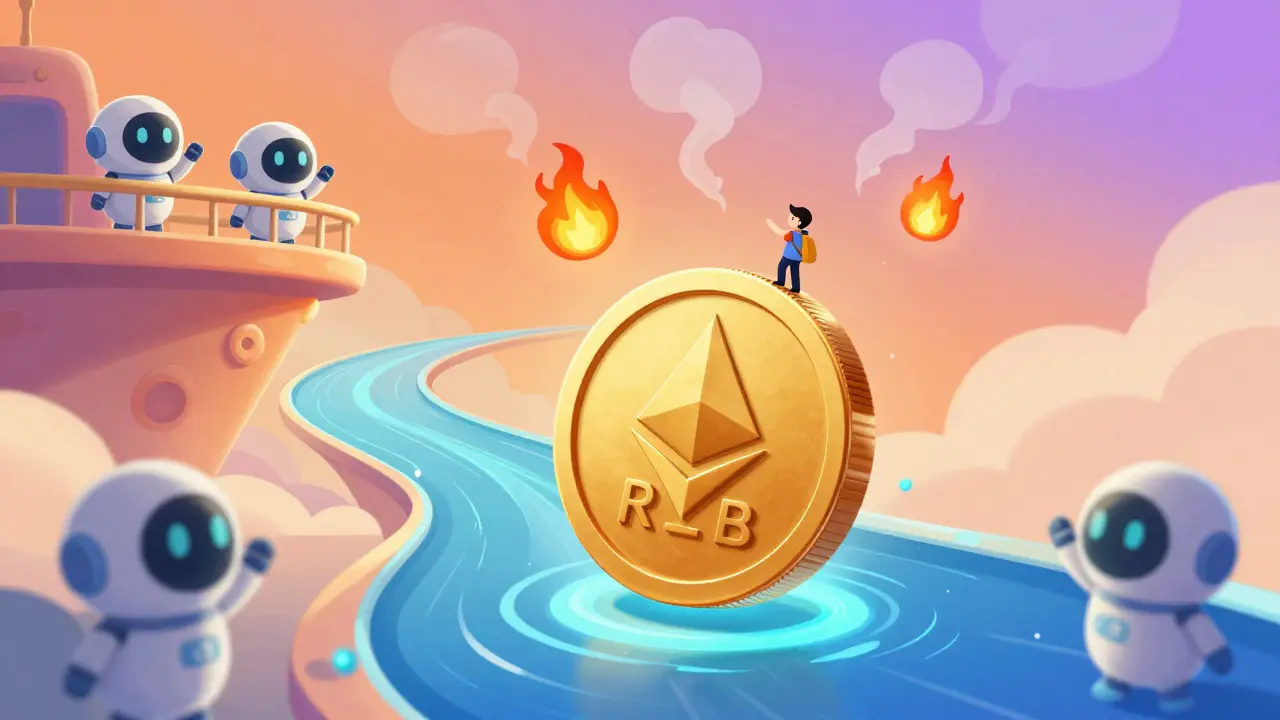 A small user stands on a floating RLB token above a blockchain river, with burning flames and cute robot NFTs nearby.