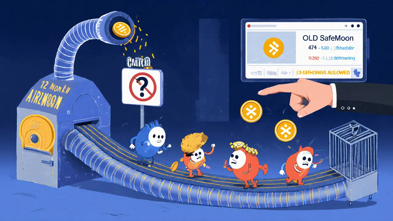 A stretchy conveyor belt delivers airdrop tokens to wallet characters, while CMC points at a price monitor.