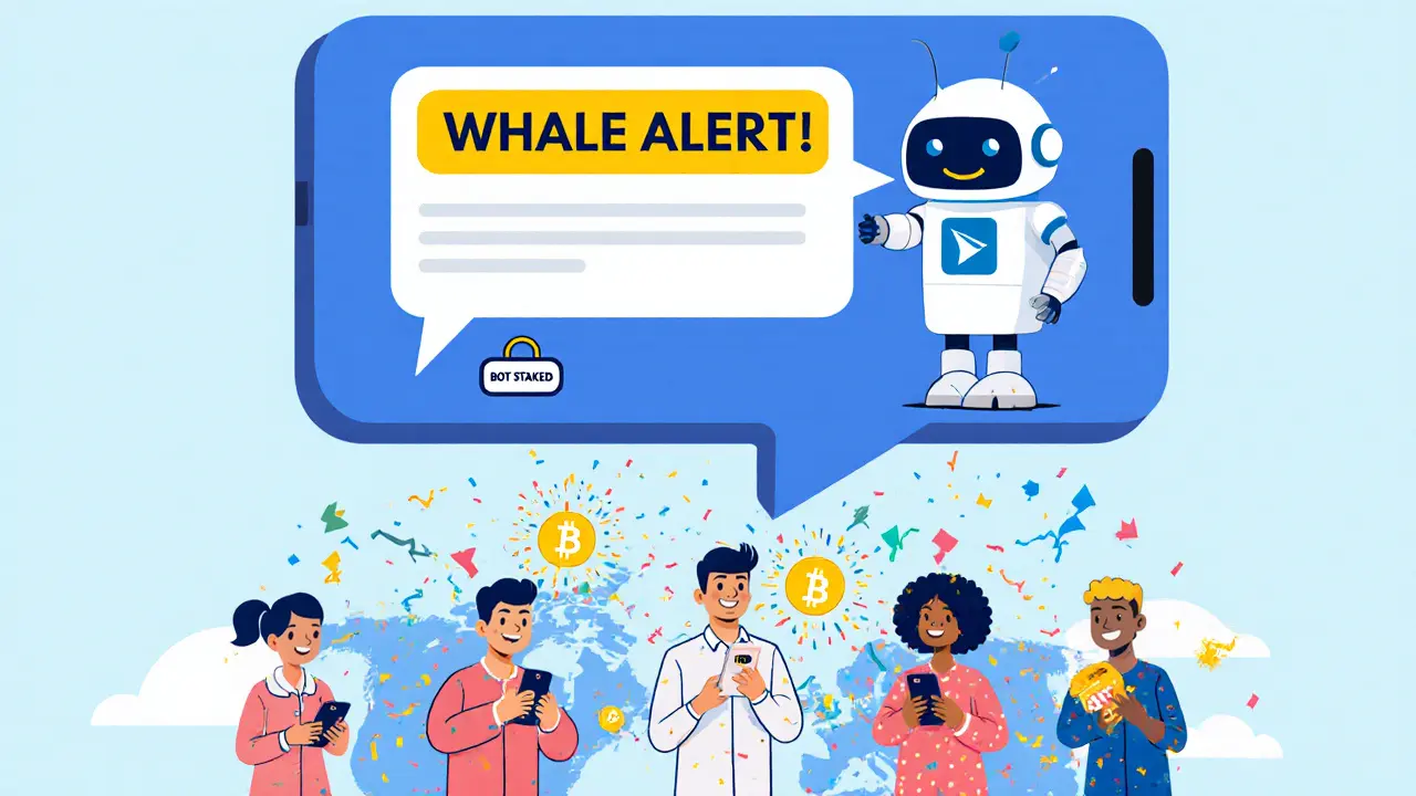 A Telegram bot alerting traders about a whale move, triggering quick trades and profit explosions on phones.