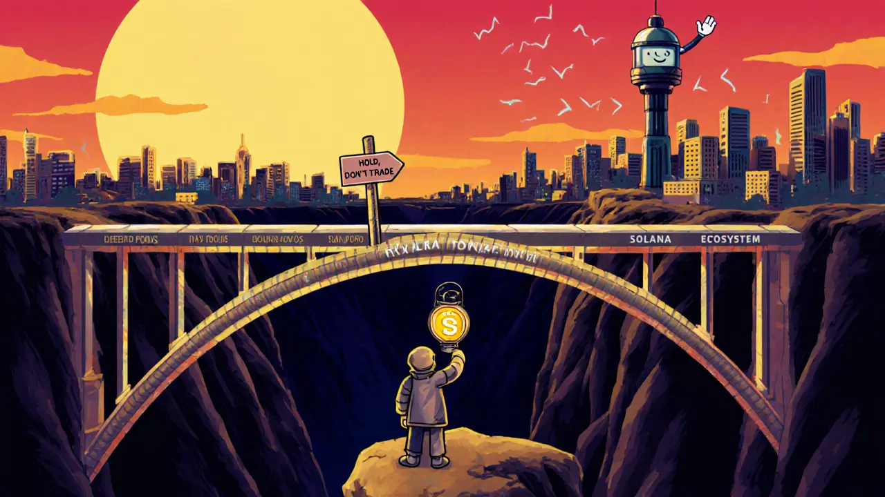 A tiny hero holds a token on a cliff, gazing at a bridge of liquidity leading to a Solana city.