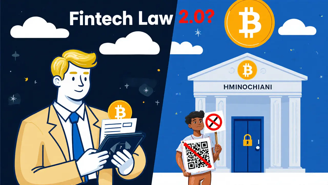 A wealthy user using crypto alongside a poor vendor blocked from banking, with a blockchain-shaped question mark above.