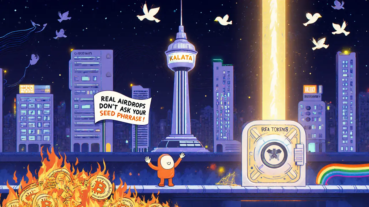 A Web3 city with a Kalata tower connects users to secure tokens, as fake websites burn below.