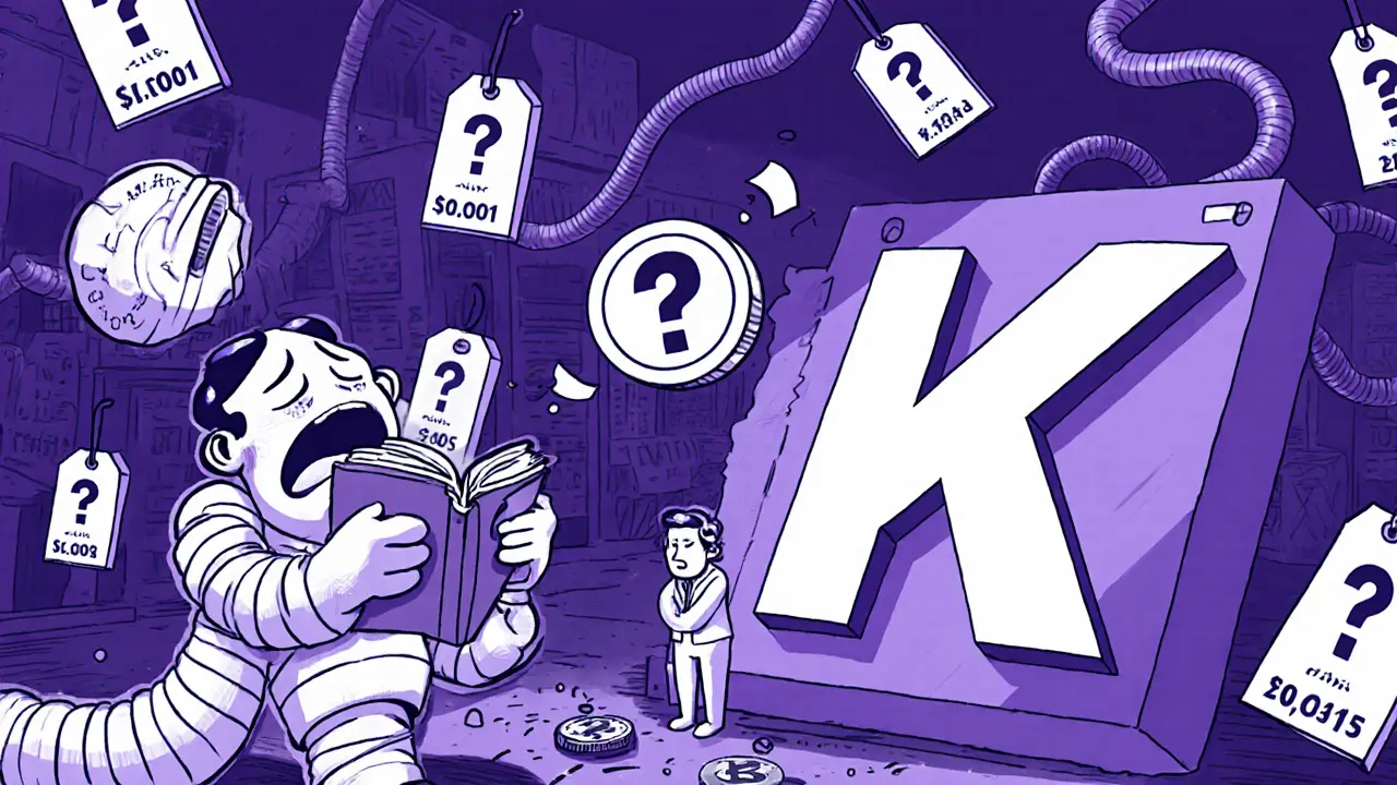 An empty exchange floor with sleeping bots and a confused investor trying to sell a worthless token.