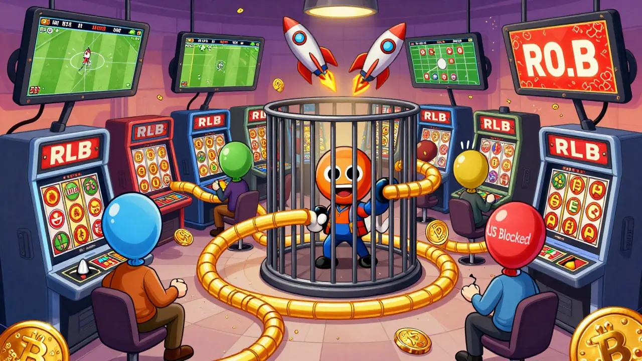 Chaotic cartoon casino lobby with users gambling, trading, and burning RLB tokens, one trapped in a &#039;US Blocked&#039; cell.