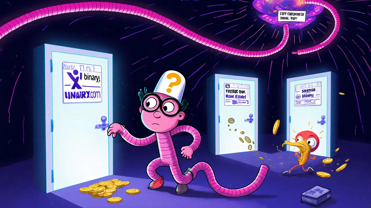 Confused user surrounded by bouncing doors labeled with fake Binaryx names, trying to find the real one.