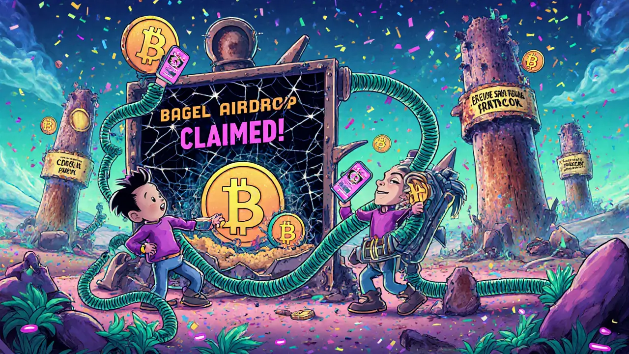 Crypto hunters trying to trade BAGEL tokens on broken DeFi machines with empty wallets.