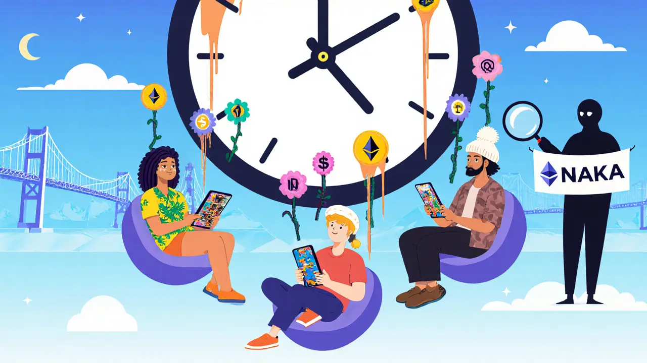 Diverse players enjoying NAKA rewards from their phones, with a daily payout clock and distant regulatory figure watching.