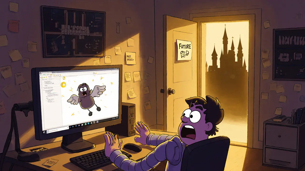 One surprised person watches a flying NFT toward a door marked &#039;Future Utility&#039; with shadowy project visions behind it.