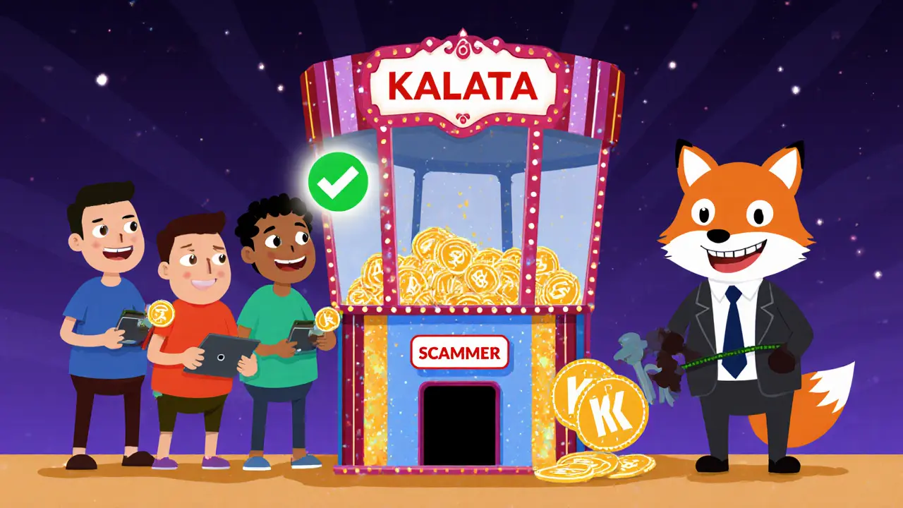 People line up for an airdrop machine; only one correctly uses a wallet, while others give keys to a fox scammer.