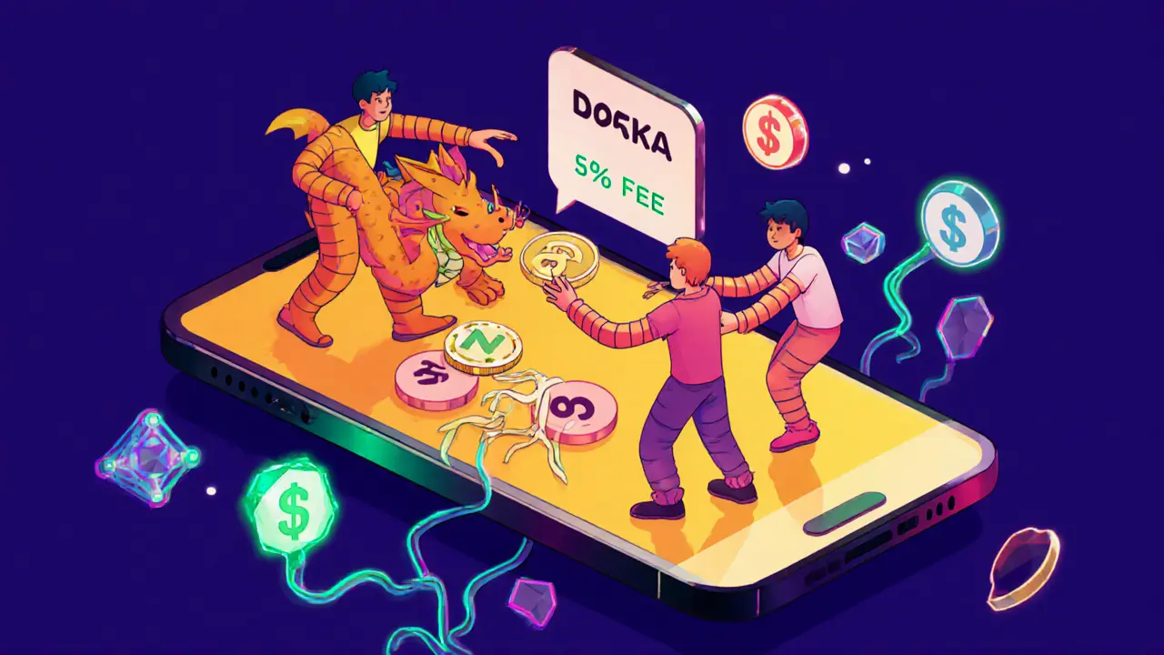 Players trading NFTs in a floating phone marketplace with NAKA tokens turning into dollar signs and wobbly fee signs.