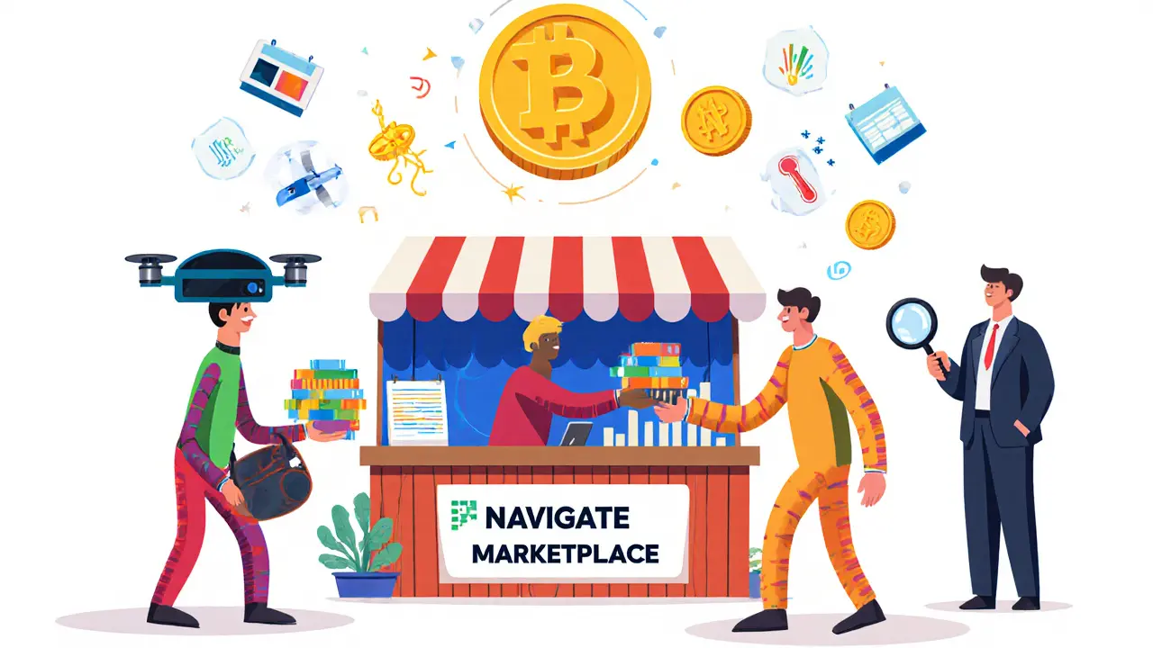 Quirky data providers hand data bundles to an AI developer at a marketplace stall with NVG8 tokens hanging above like a prize.