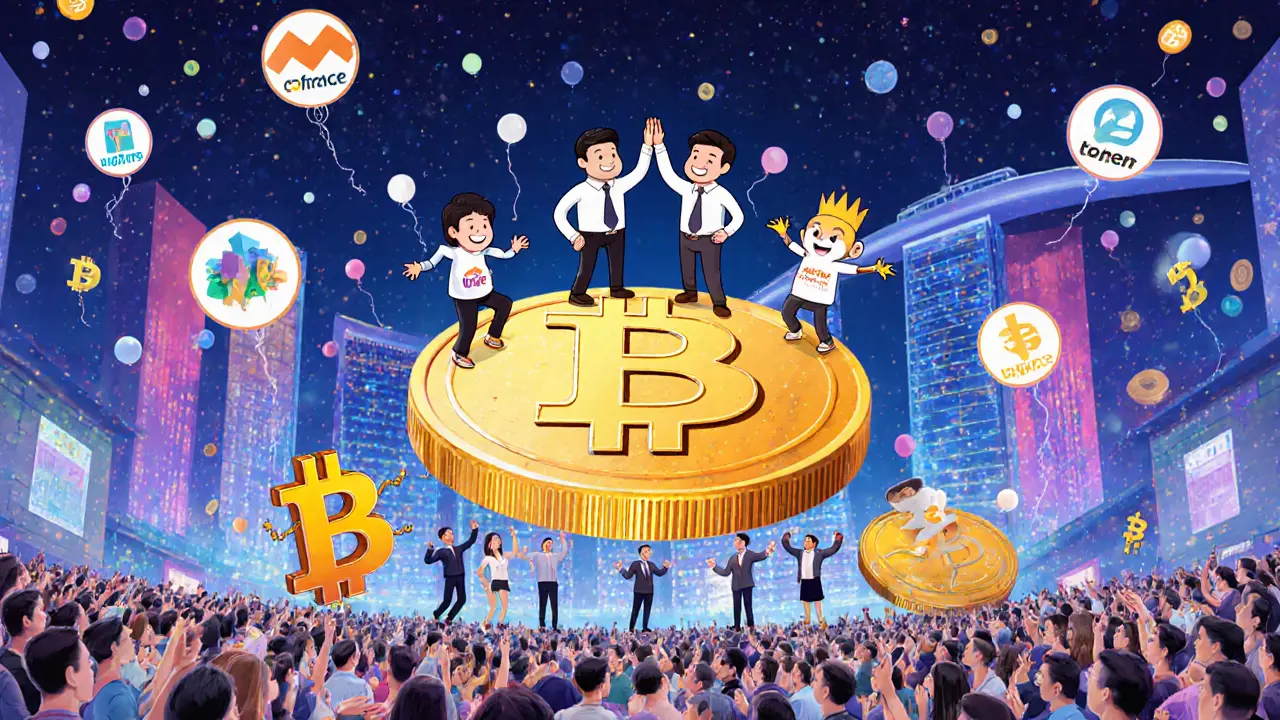 TOKEN2049 conference in Singapore with crypto founders high-fiving on a giant USDC coin, surrounded by dancing corporate mascots and cheering crowds.