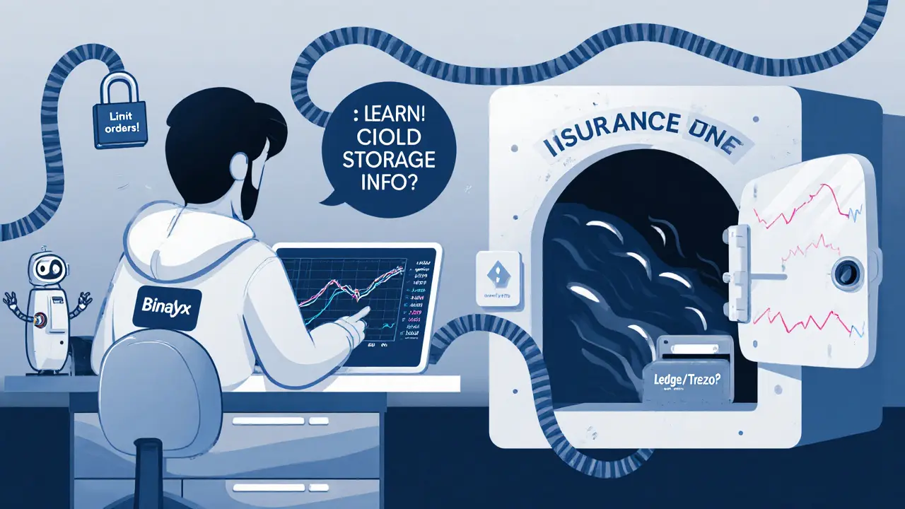 Trader using Binaryx’s clean interface with an educational robot nearby, while an empty vault symbolizes lack of security transparency.