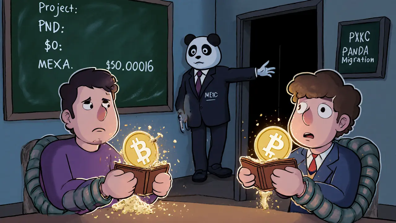 Two users stare at their wallets—one holding a crumbling PND token, the other a PANDA token, as a shadowy figure escapes.