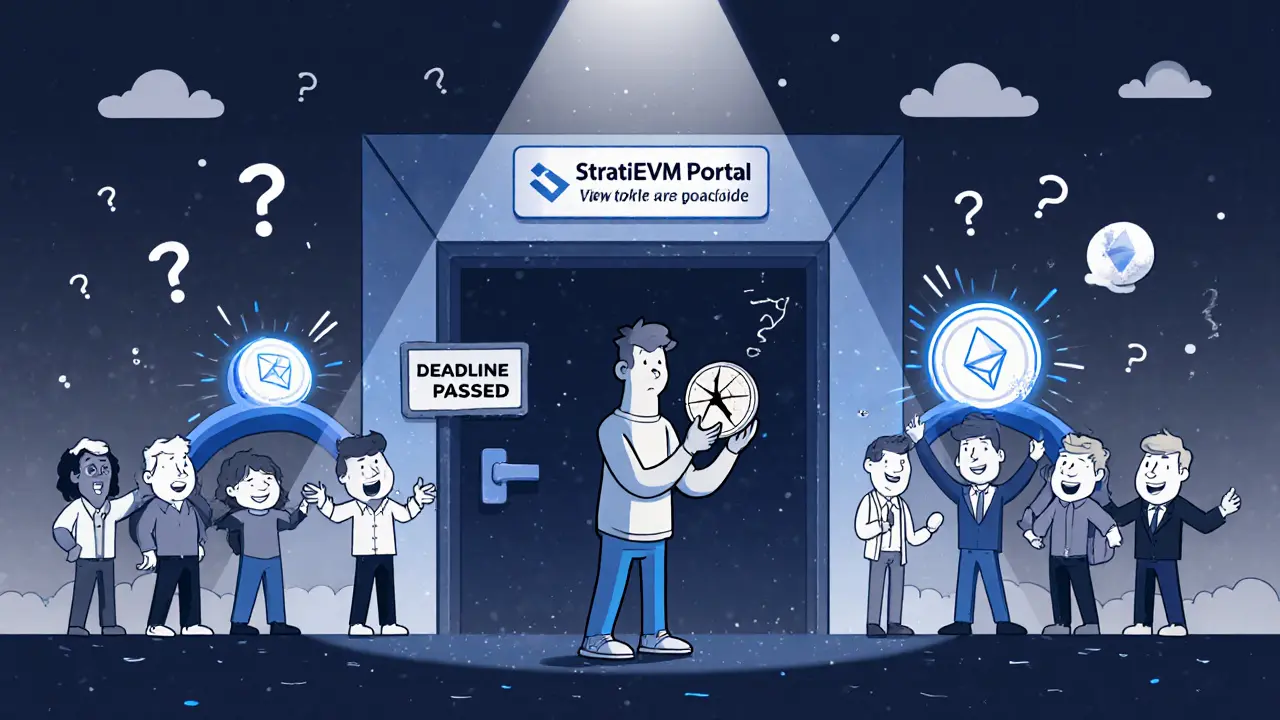 A confused user holds a cracked STRAX token in front of a locked portal with others swapping tokens.