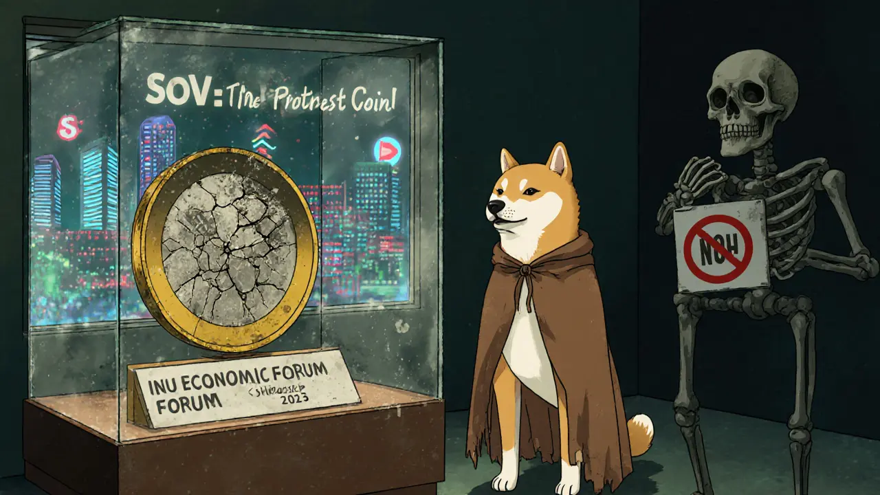 A dusty museum exhibit displaying SOV as a forgotten protest coin beside a glowing crypto city.