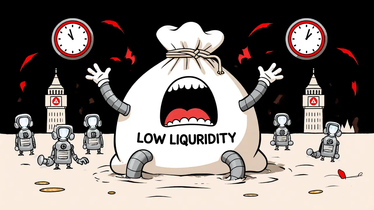 A giant Bitcoin bag stuck in quicksand while slow-moving support robots crawl toward it.