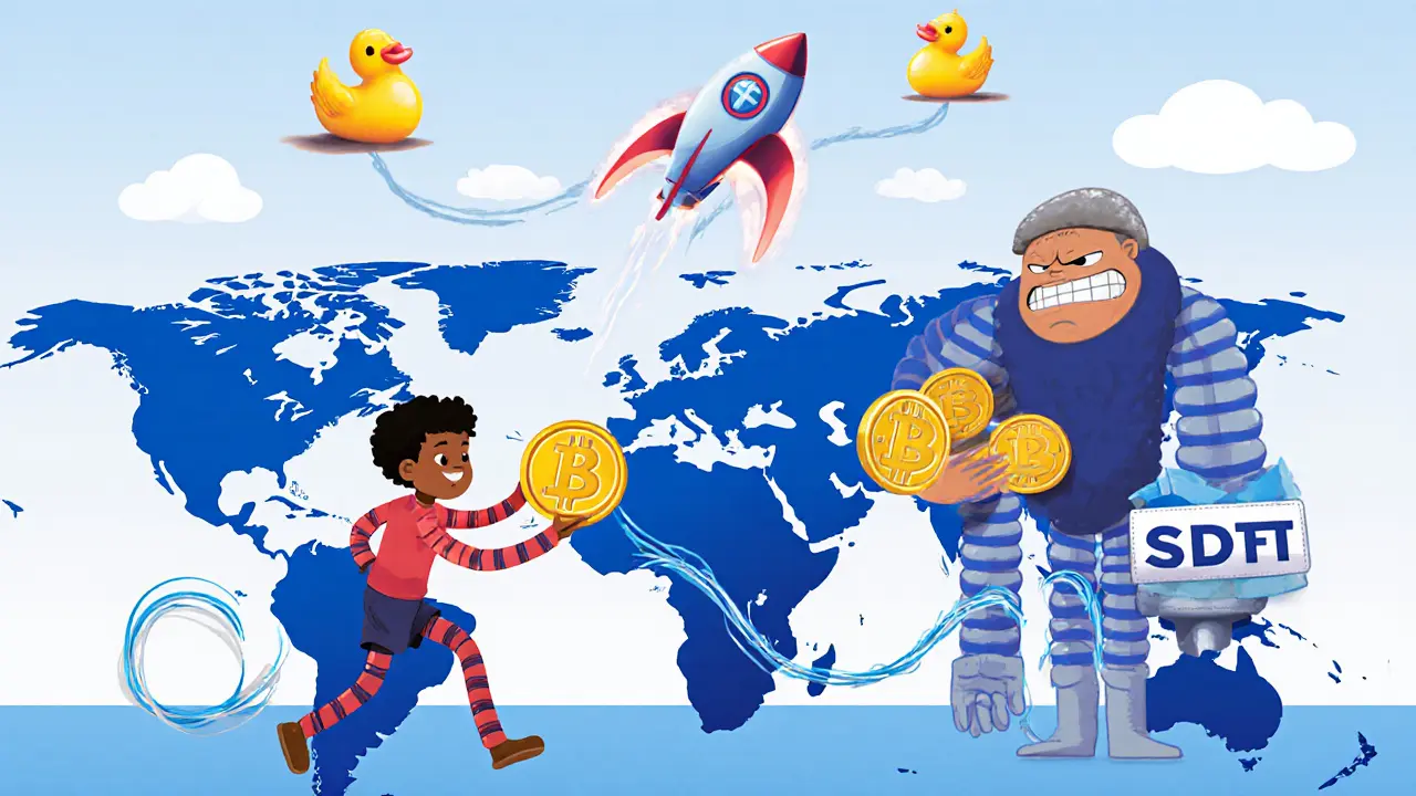 A global map with rubbery limbs passing USDT coins to a child in Kenya, while a tripping bank falls behind a rocket labeled &#039;FedNow 2025&#039;.