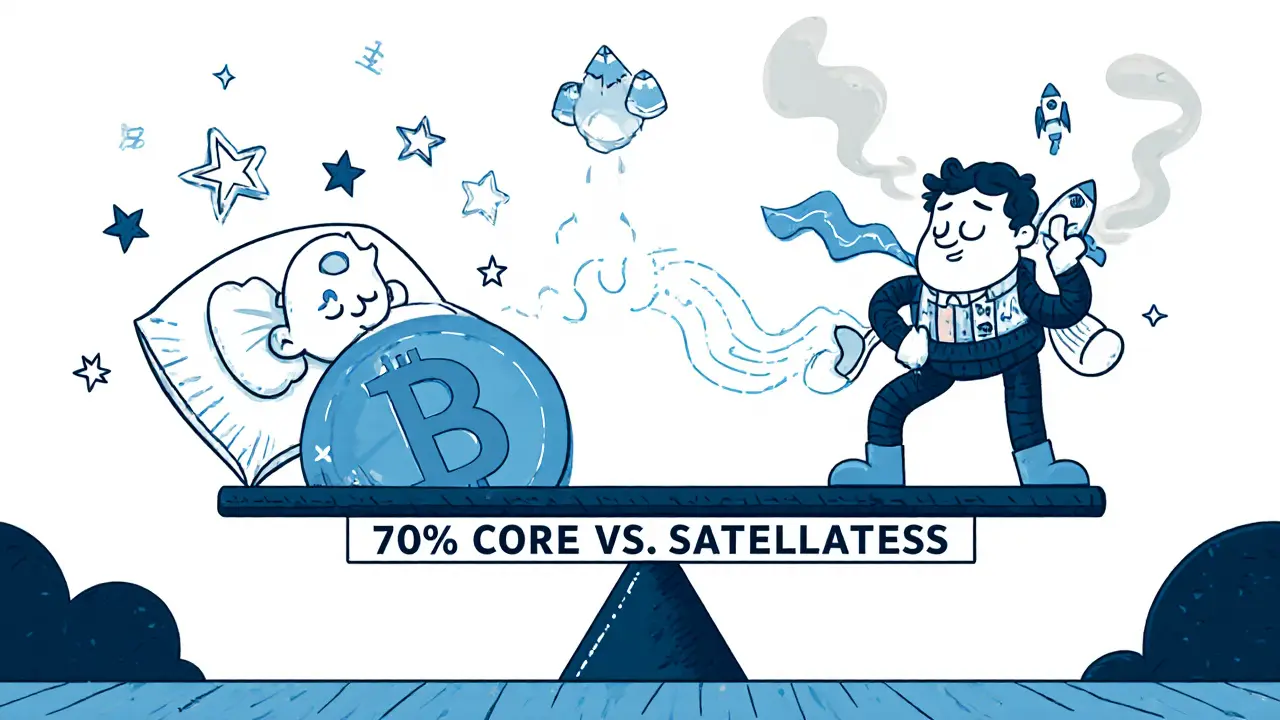A split character: one side sleeping with Bitcoin, the other side stressed with trading rockets, balanced on a seesaw.