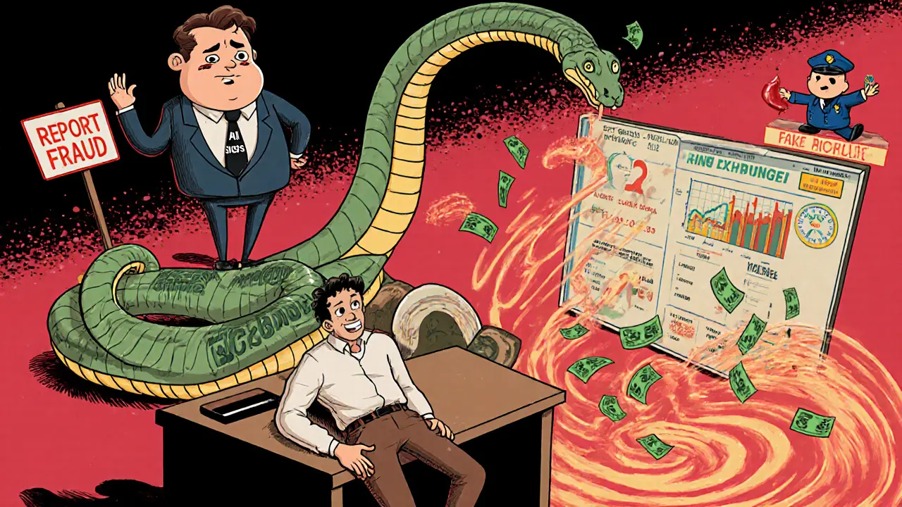 A stretched victim losing money into a vortex labeled &#039;Ring Exchange&#039;, while a snake in a suit controls fake profits.