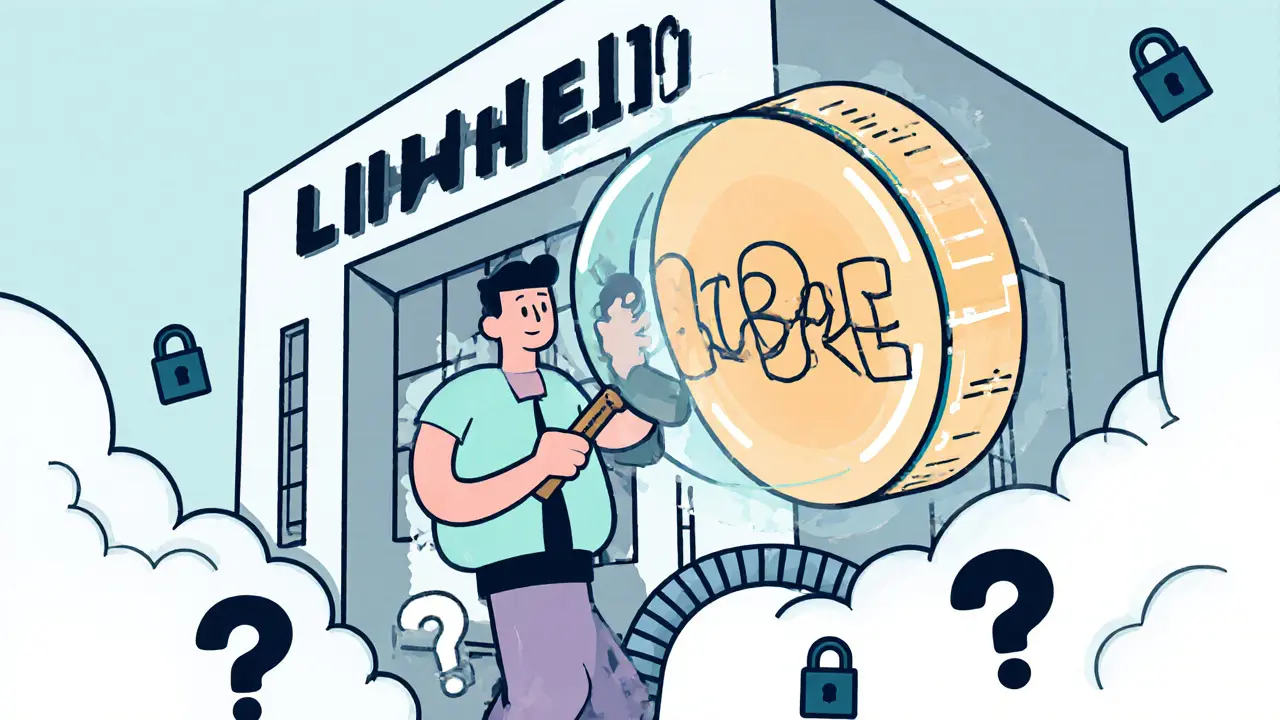 A trader examining a faceless LIBRE token surrounded by locked padlocks and a mysterious building.